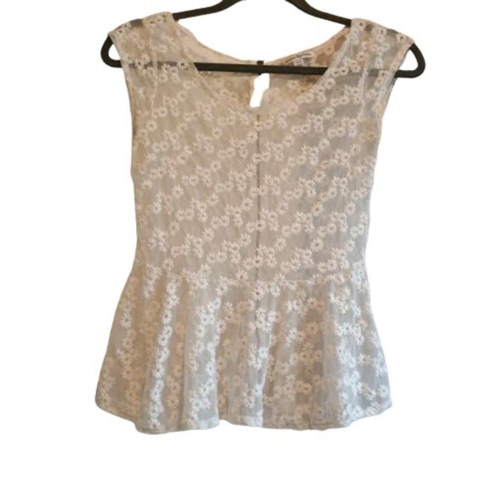 Vintage American Eagle XS Daisy Embroidered Mesh Peplum Top White Floral Zip